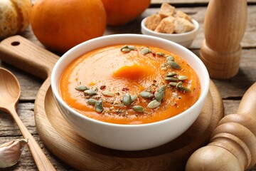 Tasty pumpkin cream soup with seeds served on wooden table, closeup