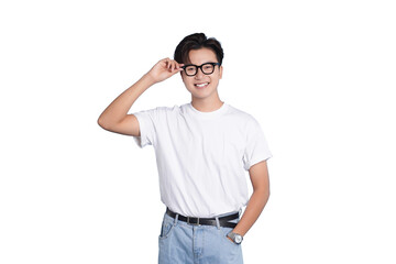 Fototapeta premium Stylish Young Man with Glasses: A confident and handsome young man, adorned with fashionable glasses, exudes charm with a warm smile, presenting a glimpse of contemporary style.