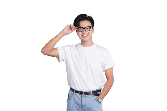 Stylish Young Man with Glasses: A confident and handsome young man, adorned with fashionable glasses, exudes charm with a warm smile, presenting a glimpse of contemporary style.