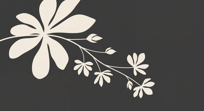 Minimalist leaf and flower branch silhouette on a dark textured background with copy space.