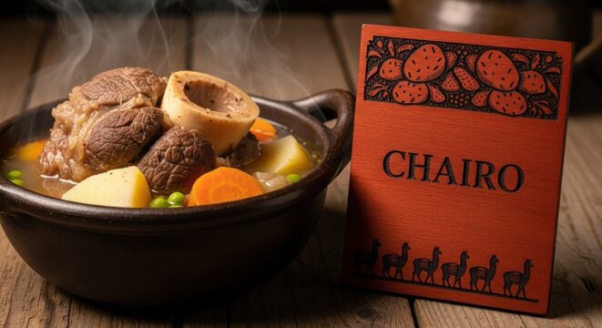 Pot of Chairo with Beef Shank &ndash; Ceibo Wood Sign, Chu&ntilde;o Potato & Llama Caravan Motifs 