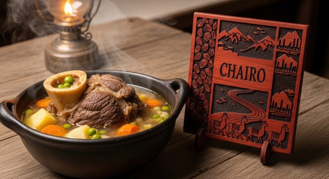 Pot of Chairo with Beef Shank &ndash; Ceibo Wood Sign, Chu&ntilde;o Potato & Llama Caravan Motifs 