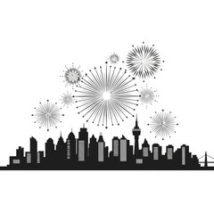 Fototapeta premium A striking black silhouette of a modern city skyline is illuminated by a dazzling display of fireworks, capturing the essence of urban celebration.