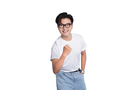 Upbeat Triumph: A vibrant individual radiates pure positivity, their fist clenched in confident determination, embodying the spirit of success and unwavering optimism.