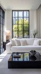 Fototapeta premium Modern Living Room With Large Windows and Stylish Furniture in a Serene Setting