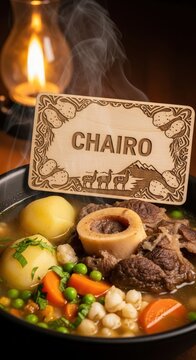 Pot of Chairo with Beef Shank &ndash; Ceibo Wood Sign, Chu&ntilde;o Potato & Llama Caravan Motifs 