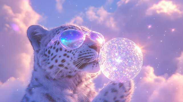 Surreal depiction of a leopard wearing glowing sunglasses and blowing iridescent bubble gum, ethereal atmosphere and abstract textures, palette of spectral indigo and twilight pink, dreamcore artwork