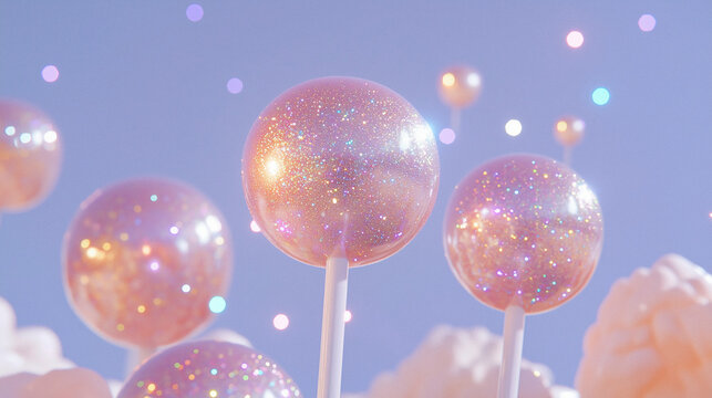 Surreal depiction of colorful cake pops floating above a white background, glowing sprinkles and ethereal atmosphere, palette of spectral indigo, misty pearl, and twilight pink, dreamcore dessert art