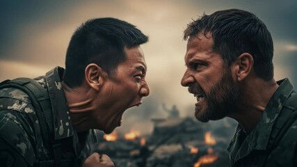 Two soldiers engage in a fierce argument amidst a ruined battlefield. Their expressions reflect a mix of anger and urgency as they shout at each other in the midst of destruction.