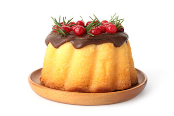 Delicious Christmas cake with chocolate glaze, cranberries and rosemary isolated on white