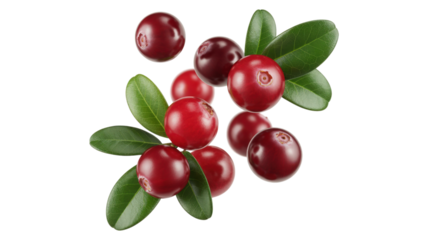 Cranberries with green leaves isolated on a transparent background