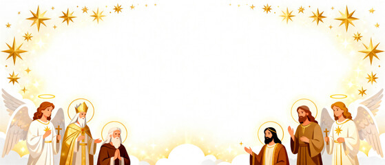 Religious illustration featuring angels and saints surrounded by golden stars, creating a celestial atmosphere with ample copy space for text or design elements