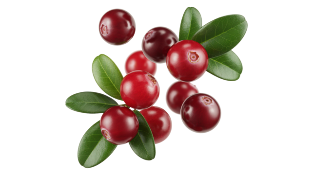 Cranberries with green leaves isolated on a transparent background