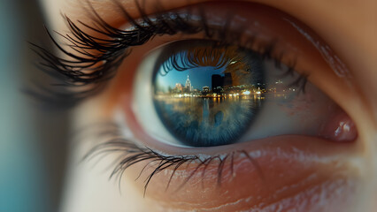 Naklejka premium Close-up of an eye with city reflection. Realistic eye with urban landscape. Iris reflecting vibrant city life. Eye photography with cityscape detail.