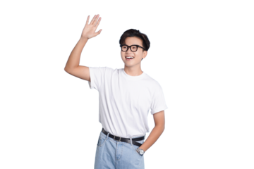 Friendly Greeting: An individual in casual attire extends a welcoming wave, radiating approachability and openness. The setting is simple, and the gesture conveys a sense of connection.