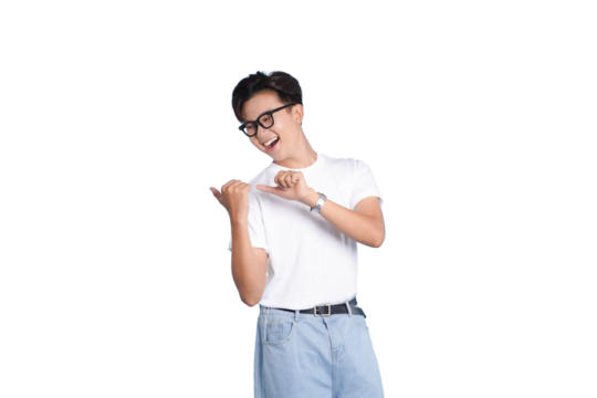 The Cheerful Companion: A young man with eyeglasses, clad in casual attire, points confidently with a smile, exuding positivity. Capturing the essence of genuine happiness and confident demeanor.