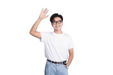 Friendly Hello: A young man exudes warmth and positivity as he offers a cheerful greeting, embodying approachability and kindness with a friendly wave.