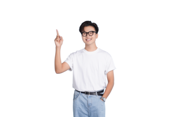Confident Young man Pointing Upward: An intelligent, well-groomed young man with glasses, sporting a casual outfit, confidently points upwards, as if presenting an idea or vision.