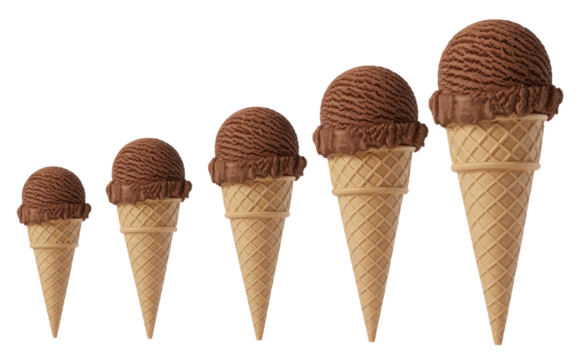 Five chocolate ice cream cones isolated on a transparent background