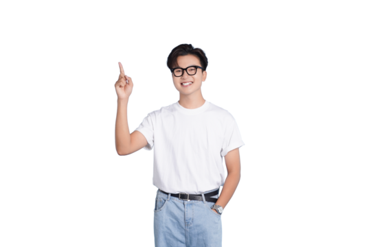 Confident Young man Pointing Upward: An intelligent, well-groomed young man with glasses, sporting a casual outfit, confidently points upwards, as if presenting an idea or vision.