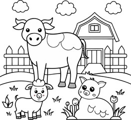  Barn and hay bales in fall field, simple black and white page ,coloring book vector, line art vector line art , black and white