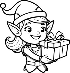  Elf holding gift box, cute outline drawing, black and white ,coloring book vector, line art vector line art , black and white
