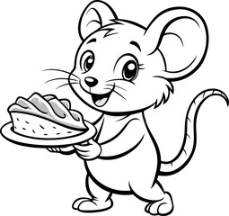 Cute mouse stealing pie slice, Thanksgiving outline drawing ,coloring book vector, line art vector line art , black and white