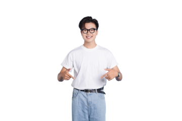 Confident Man in Casual Attire: A young, self-assured man with stylish glasses and a white t-shirt, standing with his thumbs pointing down at his attire, radiating positivity and confidence.