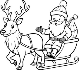  Santa riding sleigh with reindeer, simple line art coloring page ,coloring book vector, line art vector line art , black and white