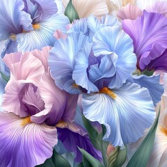 A cheerful seamless spring backdrop concept is created by combining colorful floral patterns, including gradient blue iris with elegant petals, and a soft background, all in a watercolor style, ideal
