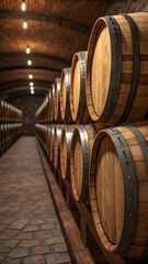 Traditional Wooden Wine Barrels Stored In Rustic Cellar With Warm Lighting And Classic Aging Ambiance