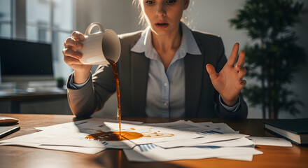 Frustrated businesswoman spills coffee on important documents ruining work day at the office, depicting stress, error, and challenge in business life