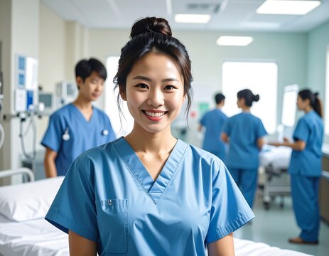 Portrait of a smiling Asian female nurse in a hospital setting with colleagues