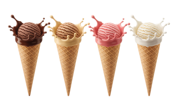 Four ice cream cones with splashes isolated on a transparent background