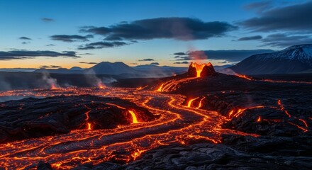 Volcanic landscape with glowing lava rivers at twilight

