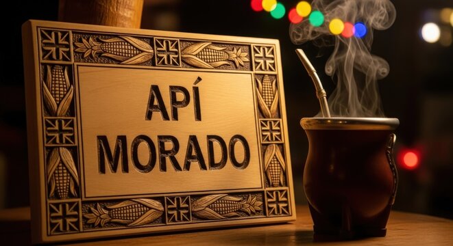 Mate of Api Morado with Steam &ndash; Tajibo Wood Plaque, Corn Cob & Chakana Cross Motifs 