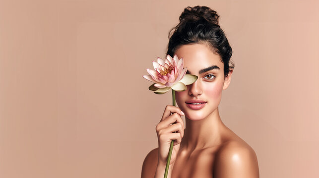 Woman holding pink lotus flower covering eye on beige background. Natural beauty and spa wellness concept. Ayurvedic skincare with botanical elements. Portrait for relaxation retreat and self-care. - Powered by Adobe