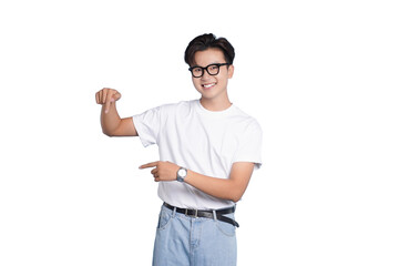 Smiling Person Pointing Downward: A young person, radiates positivity, joy, and a friendly demeanor...