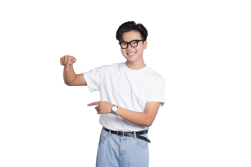 Smiling Person Pointing Downward: A young person, radiates positivity, joy, and a friendly demeanor while gesturing to the space, indicating directions, highlighting items, or emphasizing points.