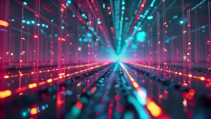 Abstract technological background. Futuristic neon grid with bright light lines and deep perspective. Blue-orange lights create a high-tech and cyberpunk atmosphere. - Powered by Adobe