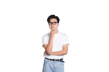 Introspective Contemplation: A thoughtful individual, sporting eyeglasses and a casual tee, engages in deep contemplation.