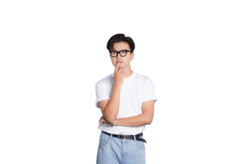 Introspective Contemplation: A thoughtful individual, sporting eyeglasses and a casual tee, engages in deep contemplation.