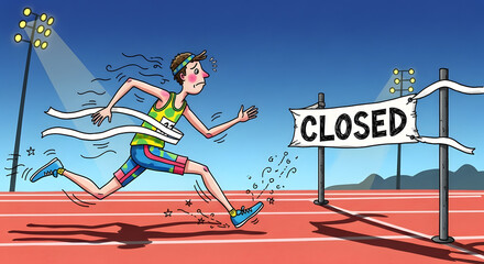 Marathon runner sprints towards closed finish line, illustrating humorous disappointment and unexpected obstacles in sports or business challenges today