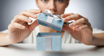 Excited woman opens a beautifully wrapped gift box, revealing a special surprise, perfect for birthdays, anniversaries, or holidays filled with joy