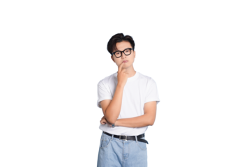 Contemplative Man: A young man, deep in thought, gazes upwards, hand resting on his chin, lost in reflection. A moment of quiet introspection and contemplation.