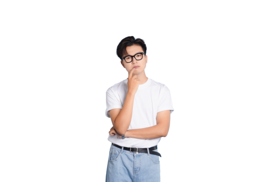 Contemplative Man: A young man, deep in thought, gazes upwards, hand resting on his chin, lost in reflection. A moment of quiet introspection and contemplation.