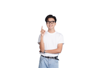 Eureka Moment: A young, intelligent individual with glasses, in a moment of clarity, raises a finger, capturing the instant of an epiphany. 