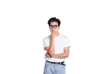 Contemplative Expression: A focused individual, adorned with glasses, is captured in deep thought. The image, minimalist in its approach, creates a space for introspection.