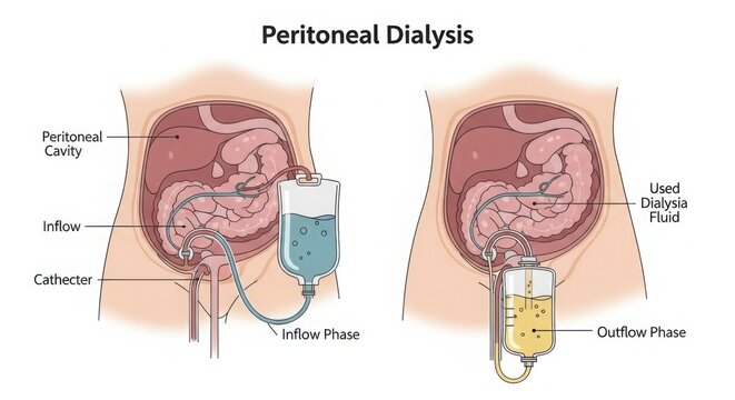 Peritoneal dialysis showing inflow and outflow phases