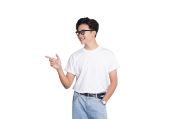 Energetic Young Man: A confident, youthful man, sporting stylish eyeglasses, a casual white t-shirt and jeans, enthusiastically gestures with his finger.